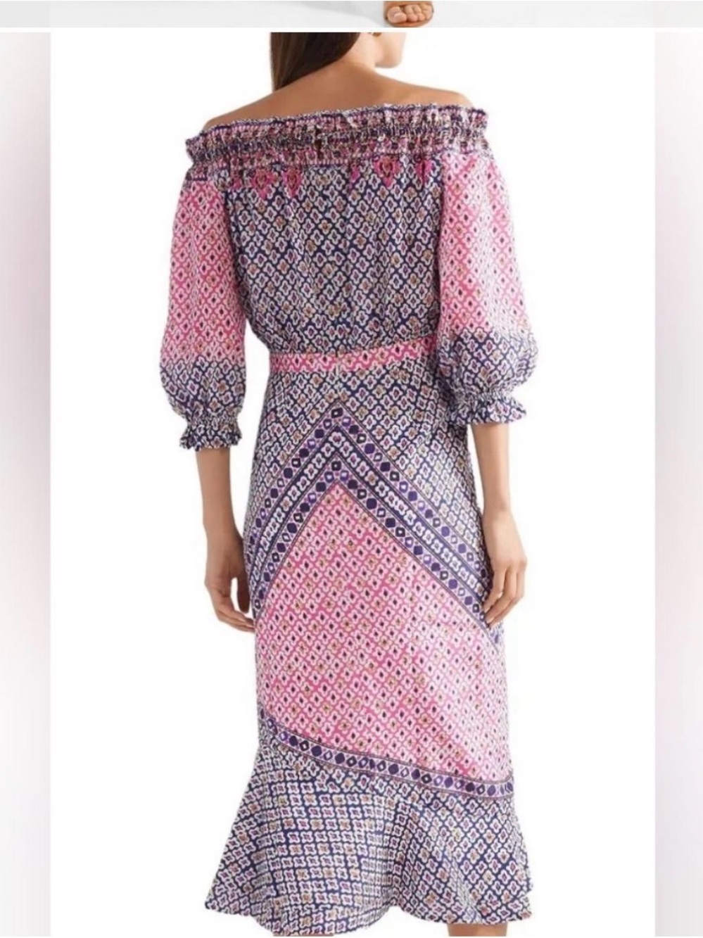 SALONI Saks Pink and Blue Off-Shoulder Printed Midi Dress Size 4 - Picture 2 of 2